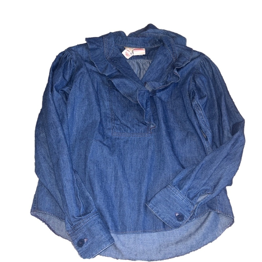 Vintage 1980s Bis by Gene Ewing  Lightweight Denim Shirt Ruffle Collar Size 36 S